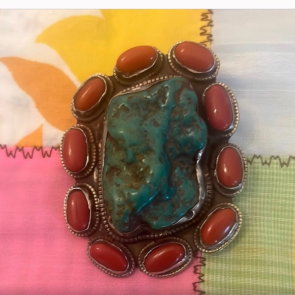 Turquoise and coral and sterling silver pendent